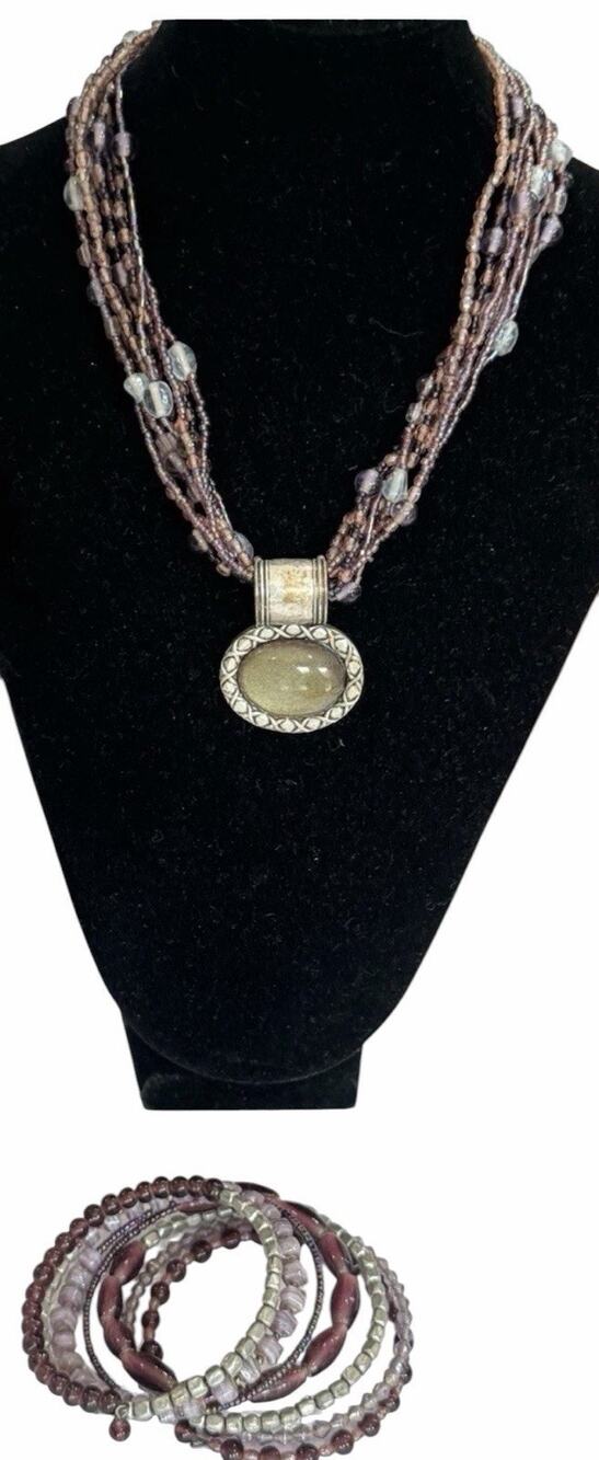 CHICO’S Purple Seed Bead Multi-Strand Statement Necklace & Bracelet Jewelry Set